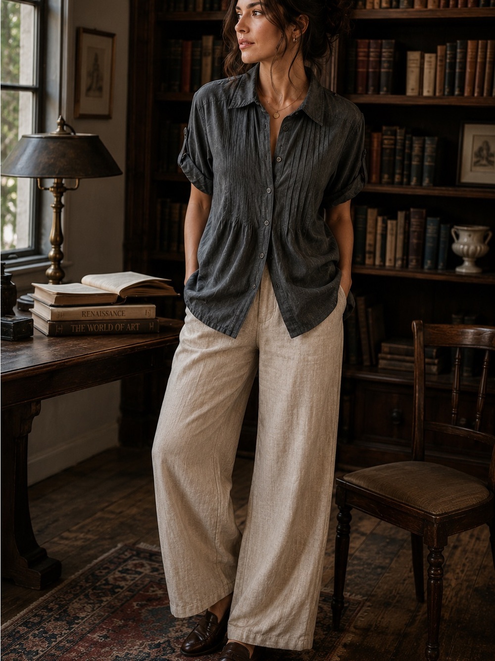 100% Cotton Pintuck Button Front Back Blouse Gray Roll‎ Tab Sleeve Size S